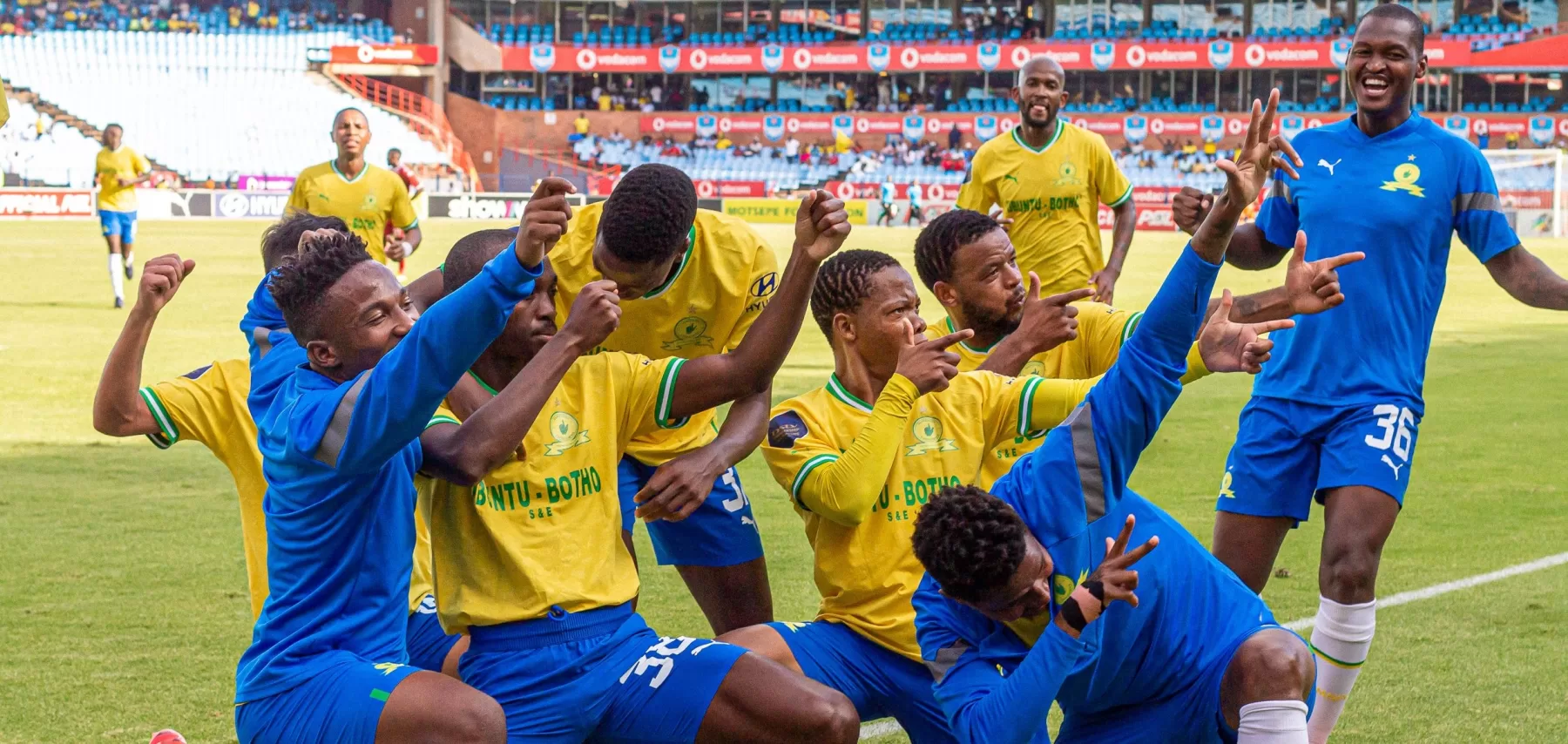 Mamelodi Sundowns players celebrate a goal in the DStv Premiership