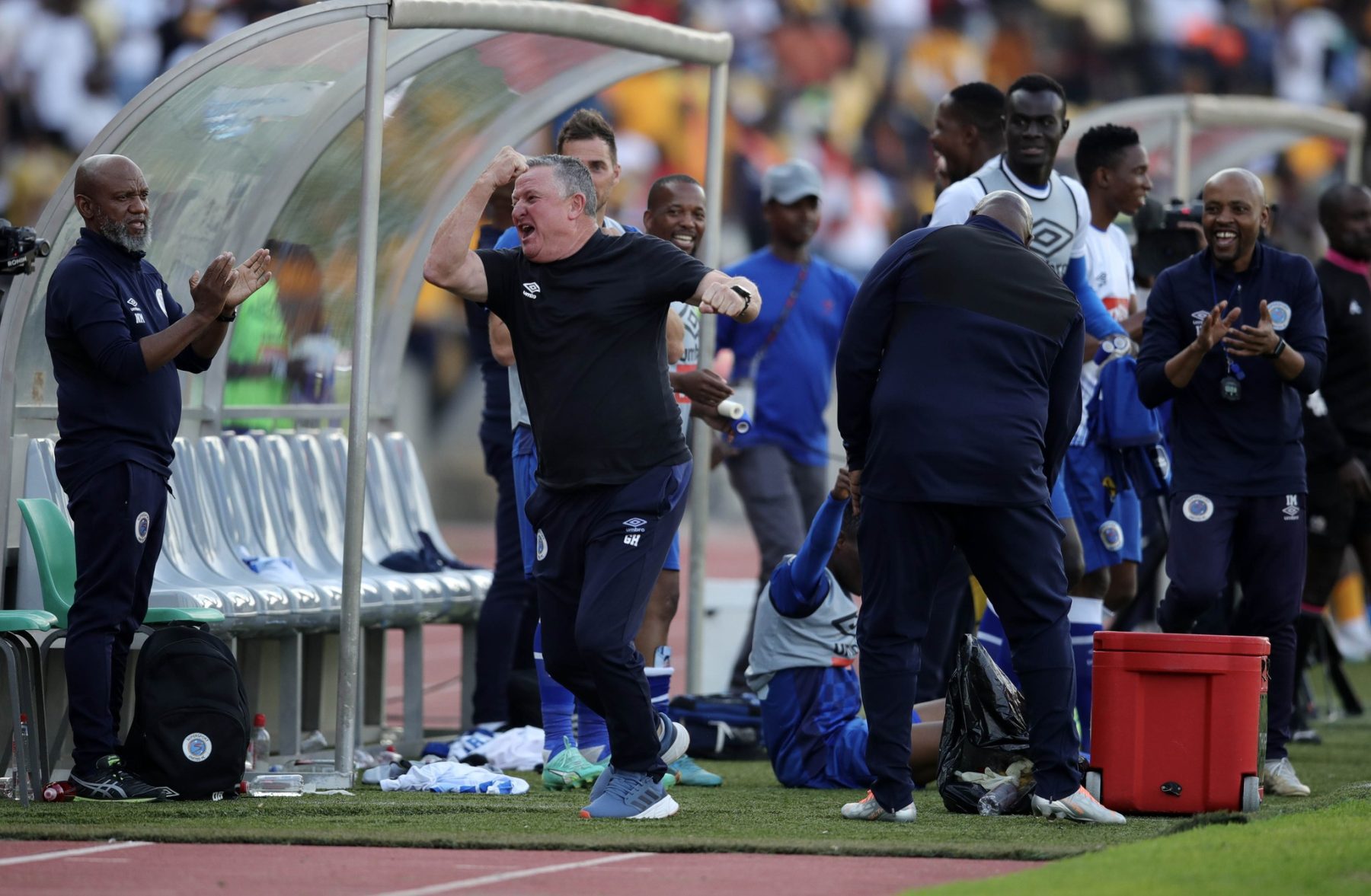 Gavin Hunt celebrating after beating Kaizer Chiefs