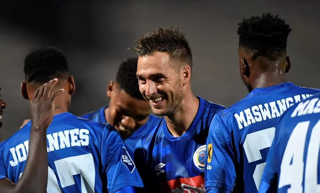 SuperSport United striker Bradley Grobler celebrating a goal with teammates