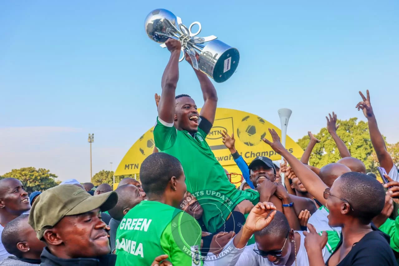 Mxolisi Mkhonto celebrating Green Mamba FC's Eswatini Premier league success
