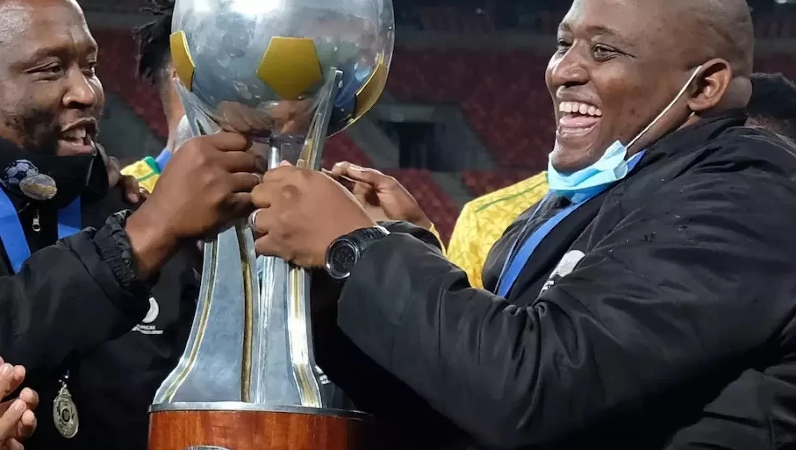 Vela Khumalo and Morena Ramoreboli celebrating COSAFA Cup