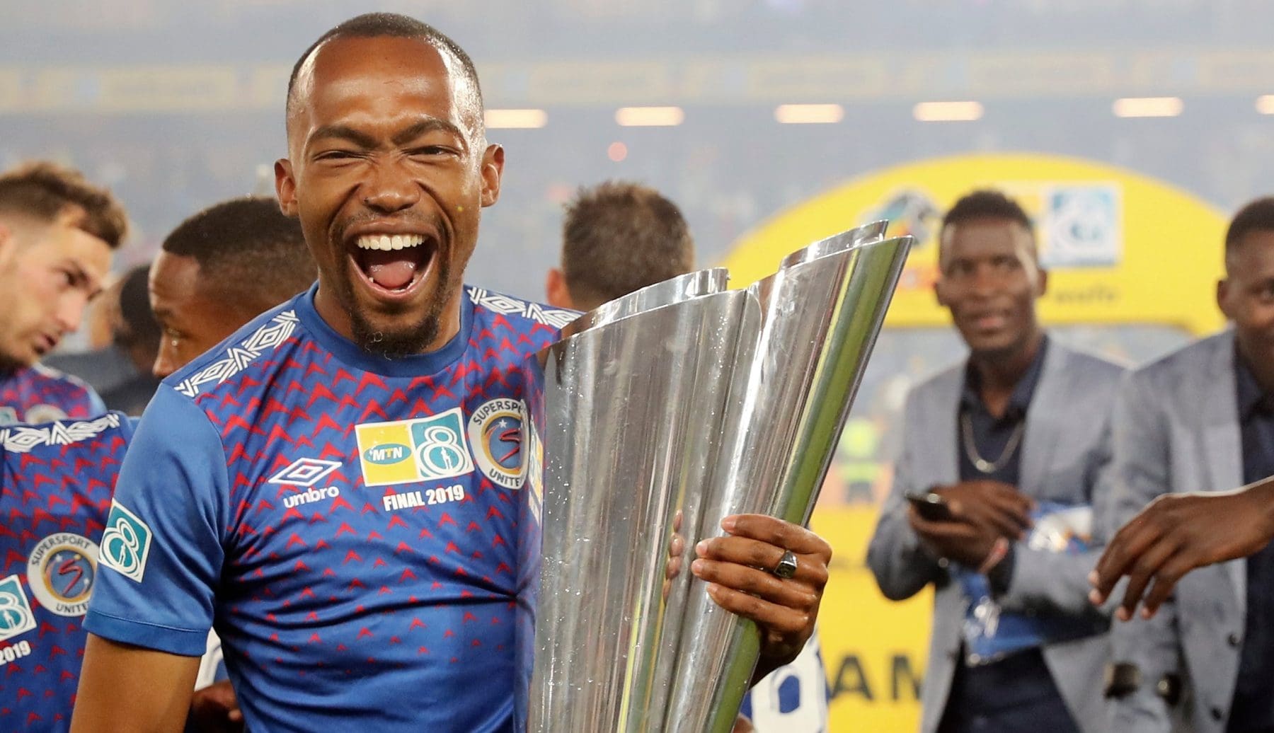 Thabo Mnyamane celebrating MTN8 final win with SuperSport United