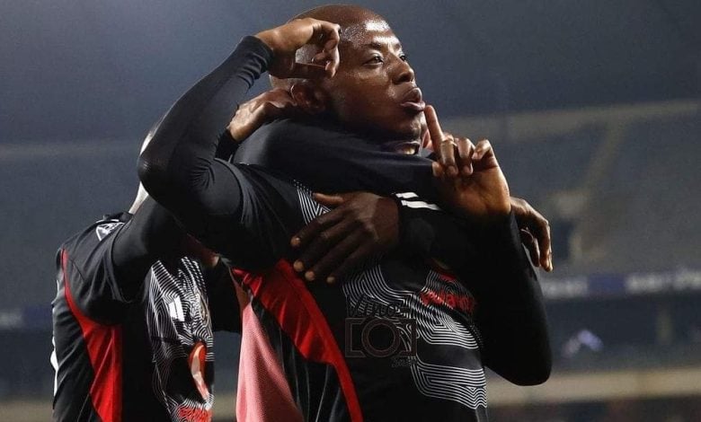 Orlando Pirates striker Zakhele Lepasa in celebratory mood.