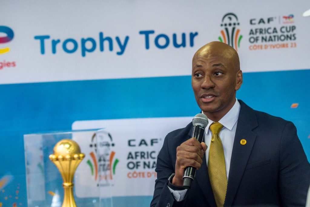 Kaizer Jr Motaung addressing the media at Naturena during AFCON trophy tour