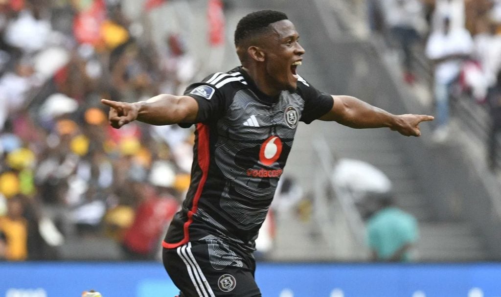 Thabiso Lebitso celebrates a goal for Orlando Pirates in the DStv Premiership