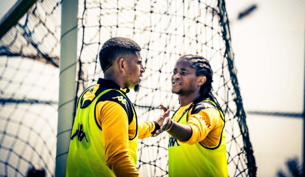 Keagan Dolly and Siyethemba Sithebe of Kaizer Chiefs at training
