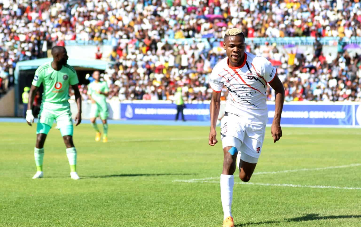Daniel Msendami of Jwaneng Galaxy celebrates a goal he scored against Orlando Pirates
