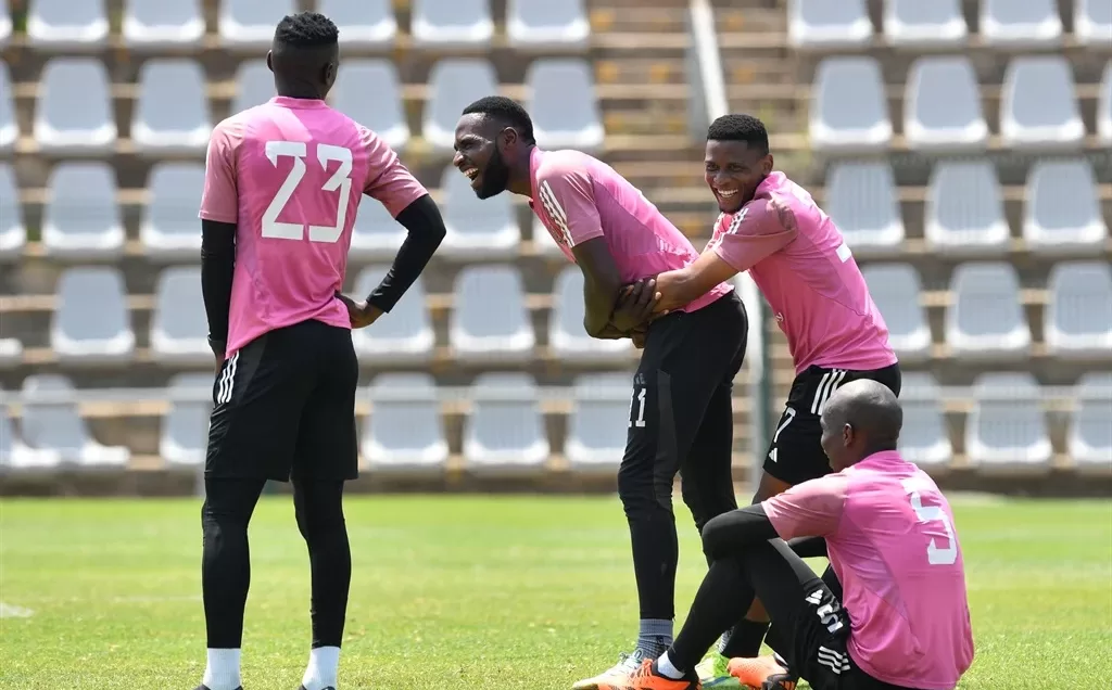 Fortune Makaringe of Orlando Pirates during a training session with his teammates