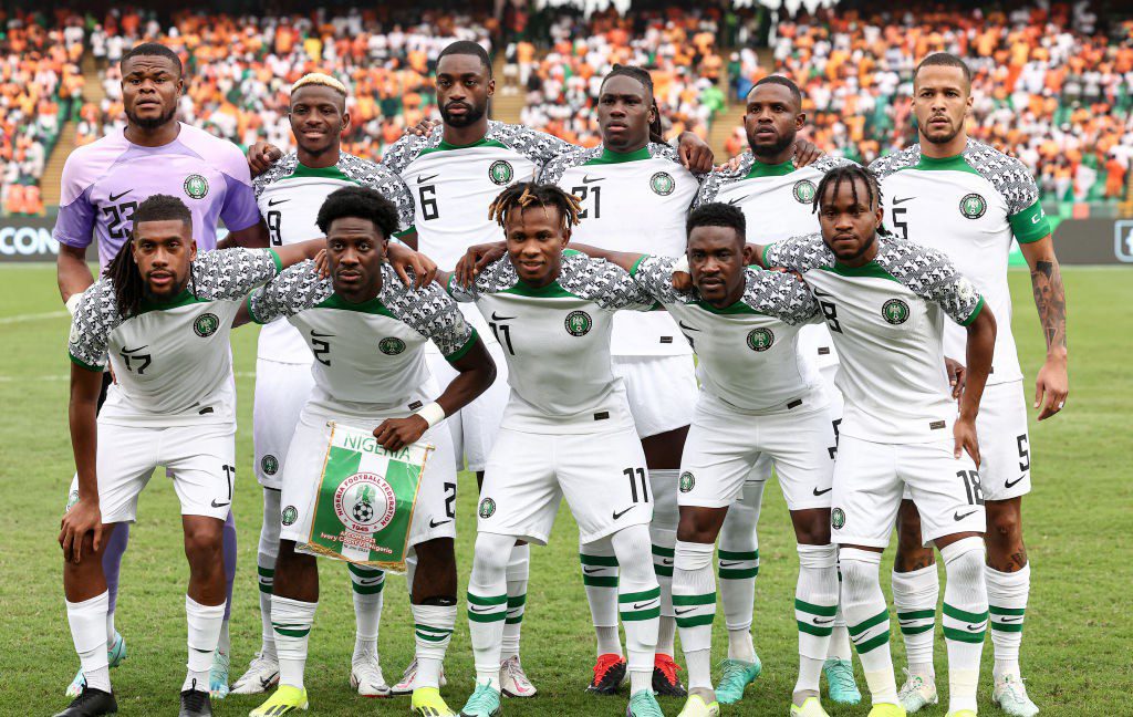 Nigerian national team players pose for a team photo. They will play against Bafana Bafana