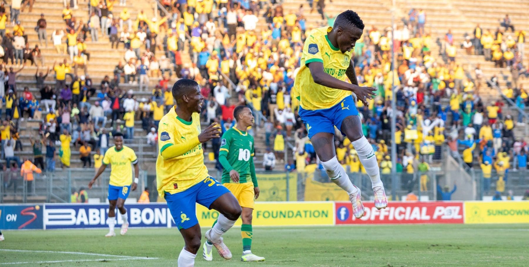 Mamelodi Sundowns midfielder Lesiba Nku in celebratory mood