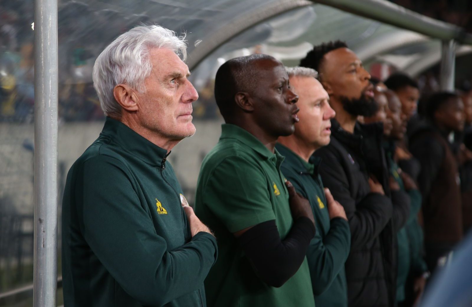 Hugo Broos and Bafana Bafana singing the SA national anthem 
