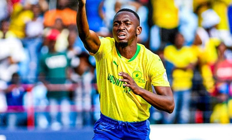 Peter Shalulile in celebratory mood after scoring for Mamelodi Sundowns
