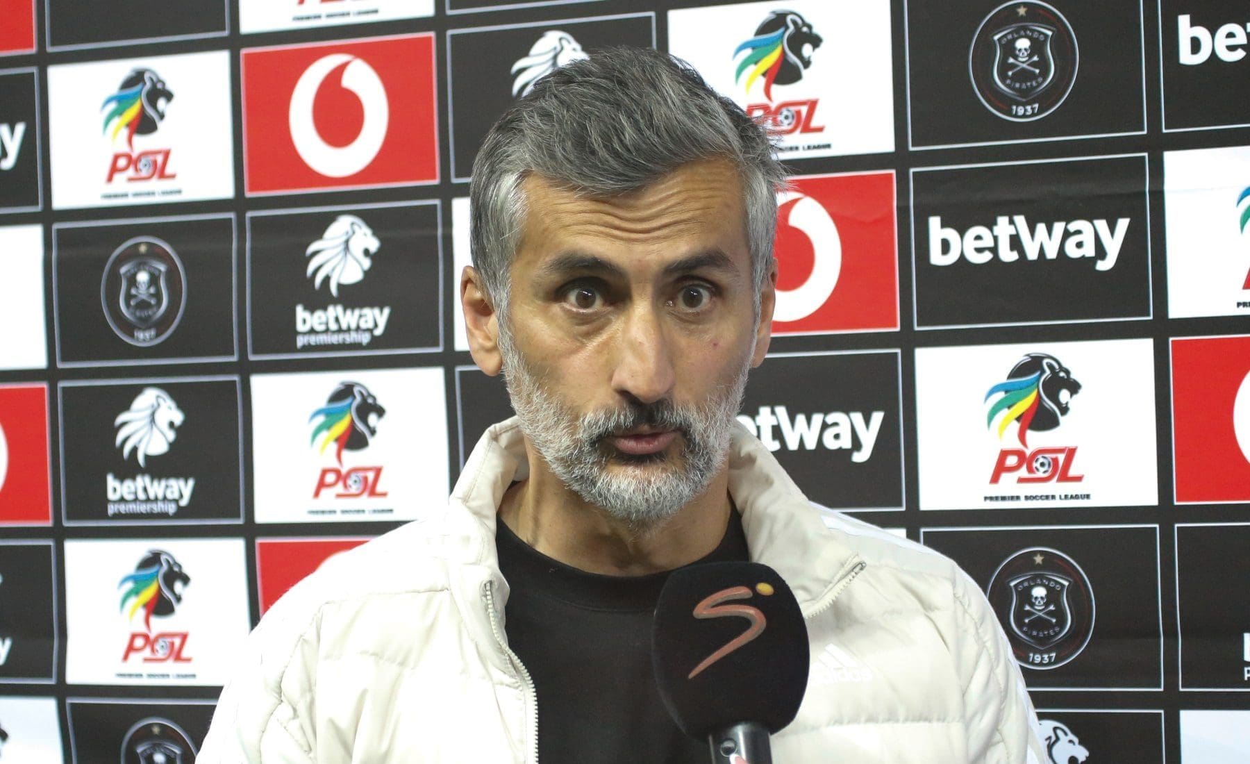 Orlando Pirates coach Jose Riveiro during a post-match interview