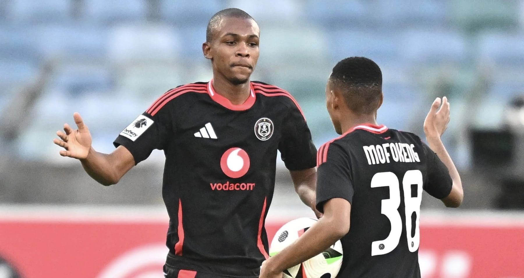 Orlando Pirates youngsters Simphiwe Selepe and Relebohile Mofokeng about to shake hands during the AmaZulu clash