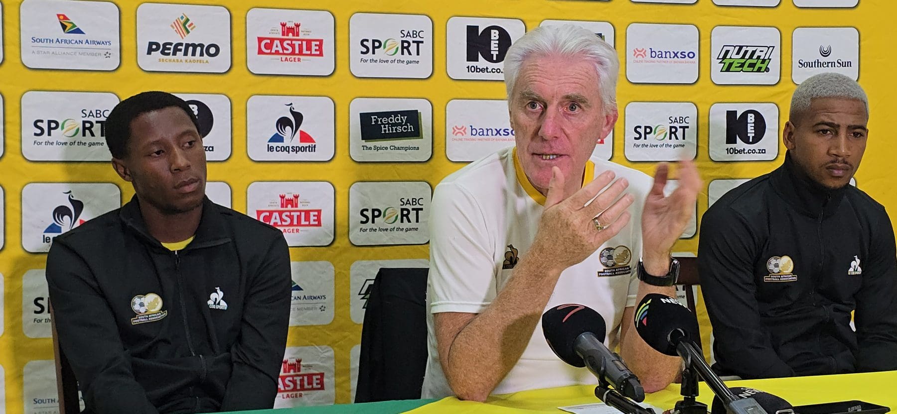 Tshepang Moremi, Hugo Broos and Deano van Rooyen during a media conference in Polokwane 