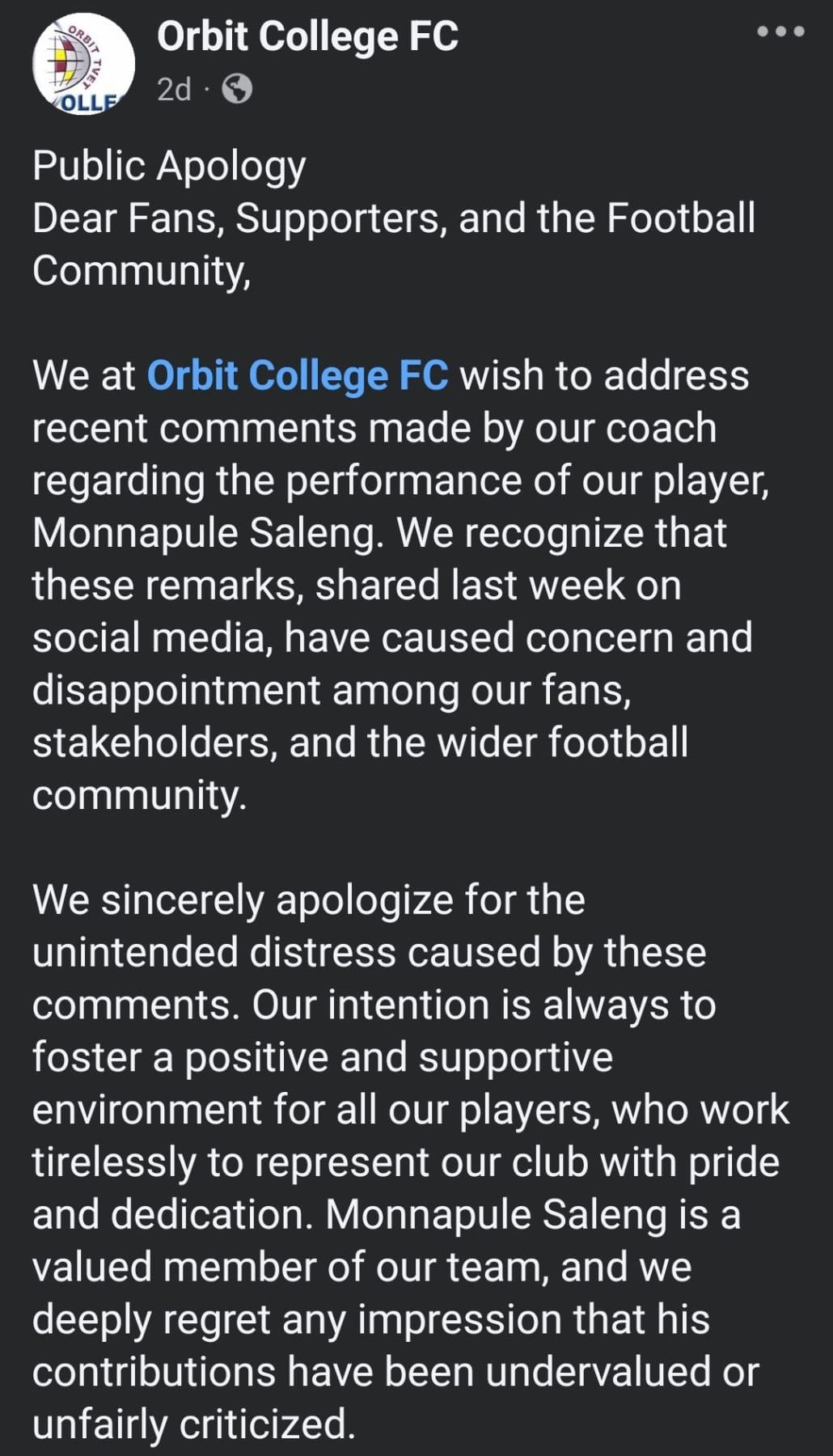 Fake Monnapule Saleng statement from Facebook