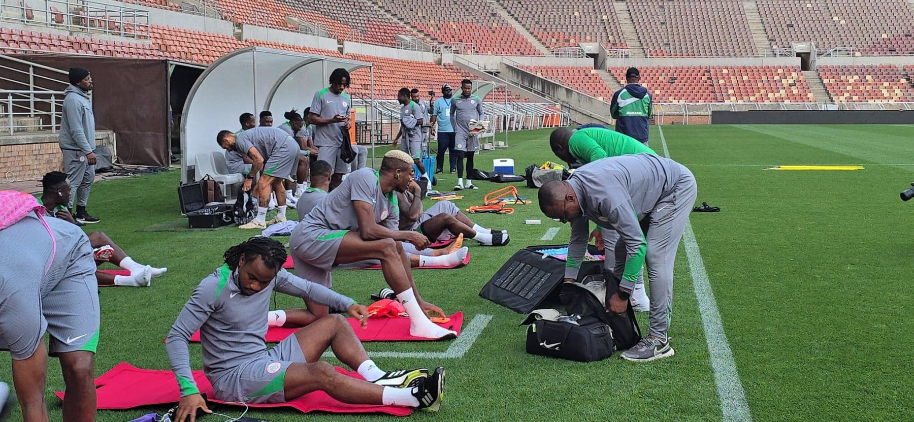 Nigeria players during a warm-up session at the New Peter Mokaba Stadium in Polokwane 