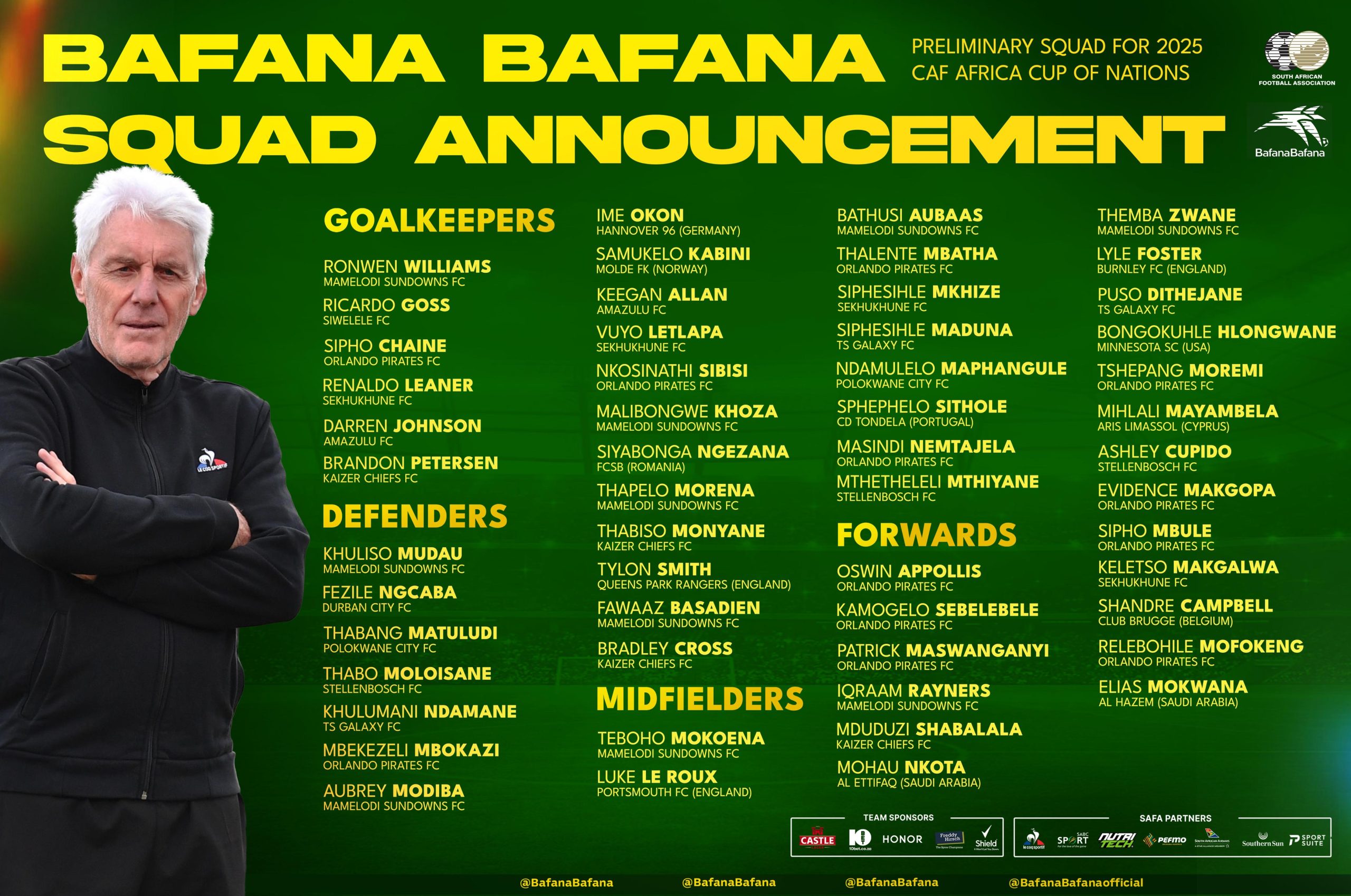 The Bafana Bafana preliminary squad for the Africa Cup of Nations