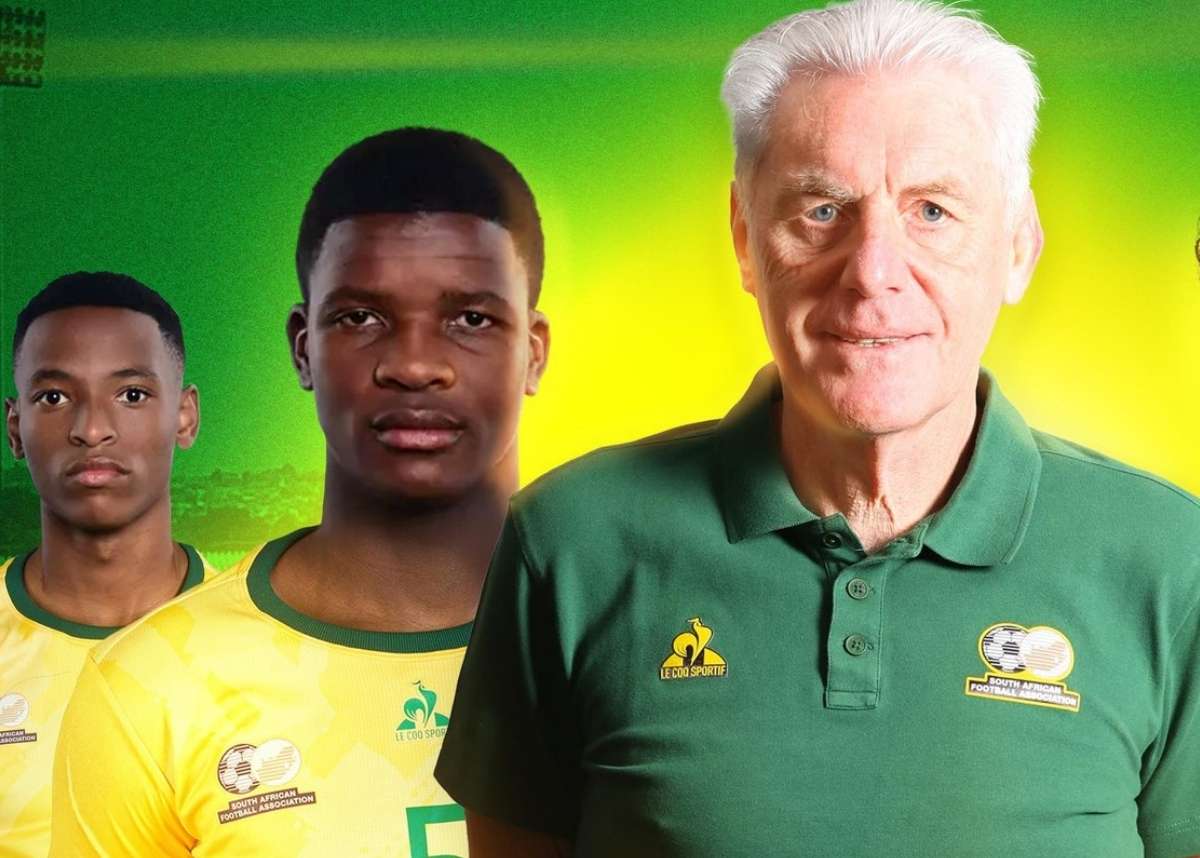 Bafana Bafana's Relebohile Mofokeng, Mbekezeli Mbokazi and coach Hugo Broos set for Afcon 2025. Image: Bafana Bafana