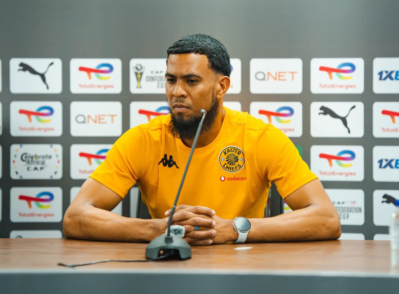 Brandon Petersen addressing the media before a CAF Confederation Cup match