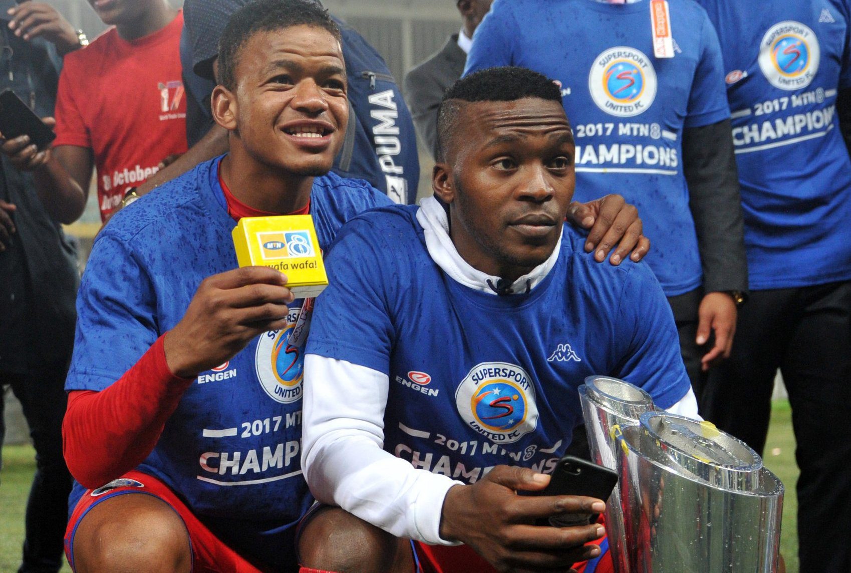 Sipho Mbule and Morgan Gould at SuperSport United after winning the MTN8 title
