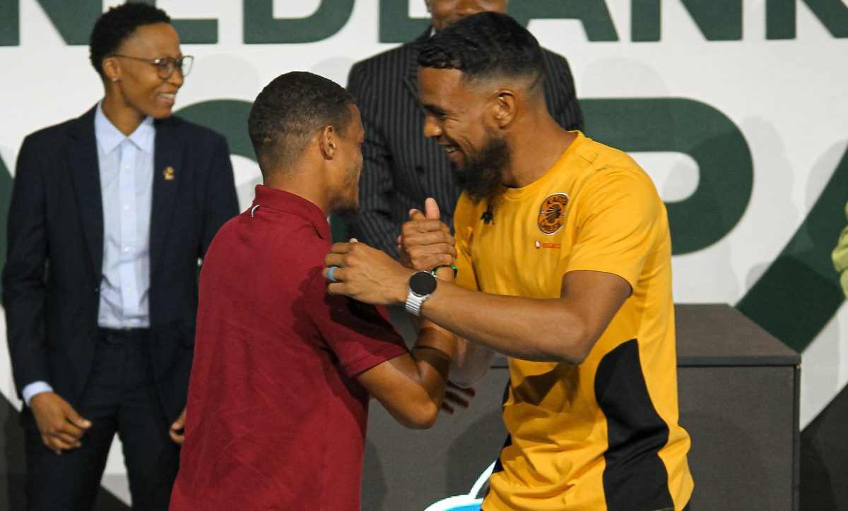 Stellenbosch FC star Devin Titus and Brandon Petersen of Kaizer Chiefs at the 2026 Nedbank Cup draw in Sandton