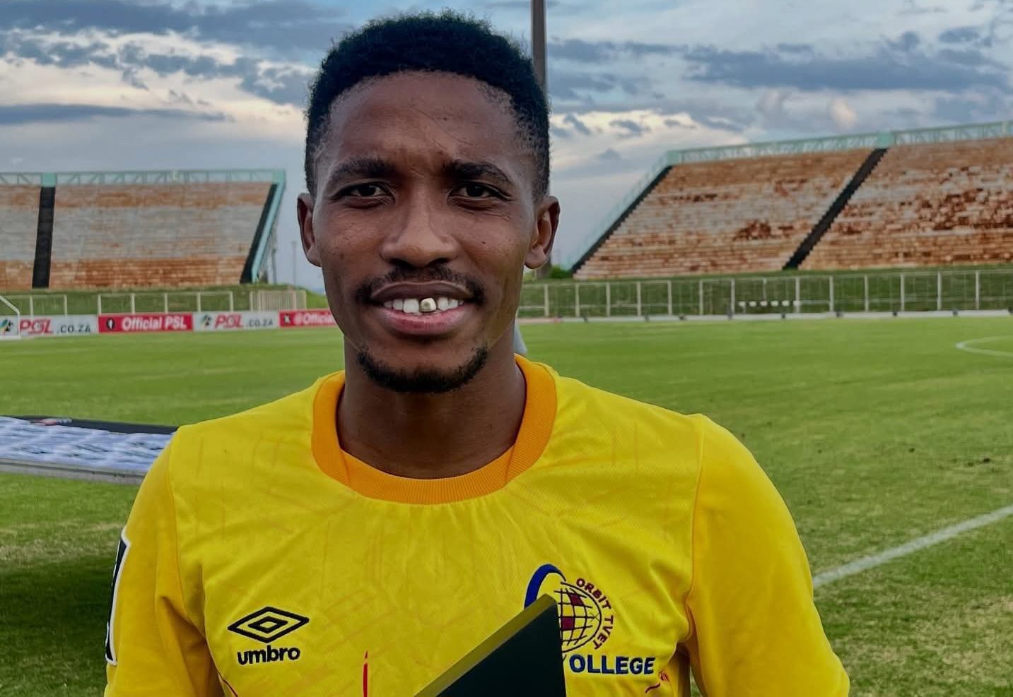 Monnapule Saleng with a man of the match award for Orbit College FC