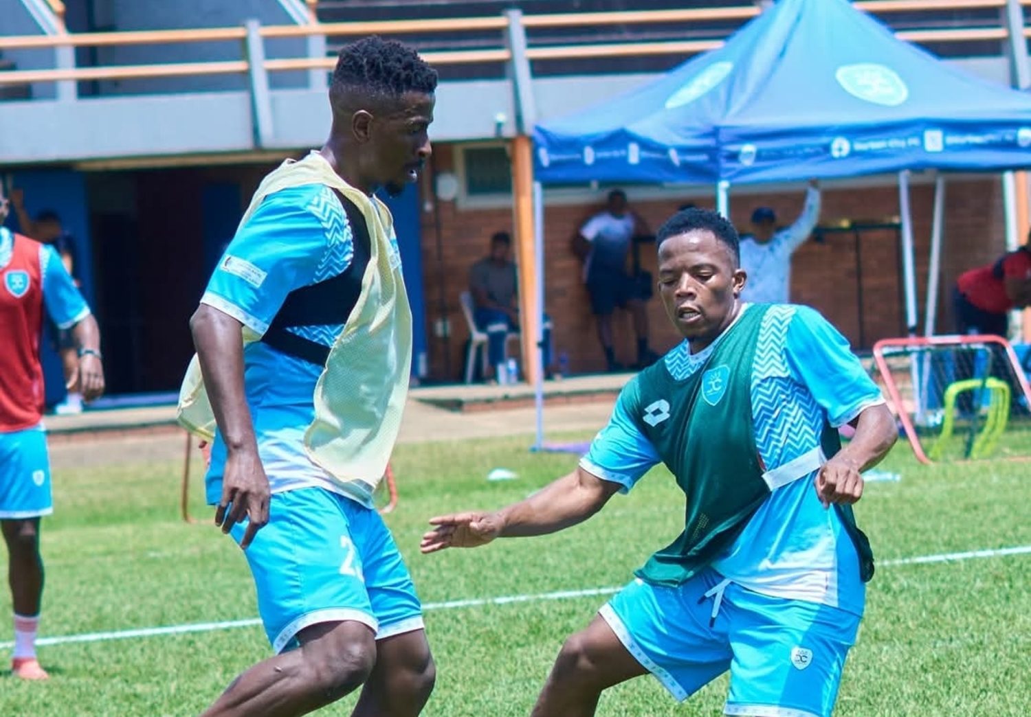 Durban City FC duo Terrence Mashego and Emmanuel Jalai during a training session