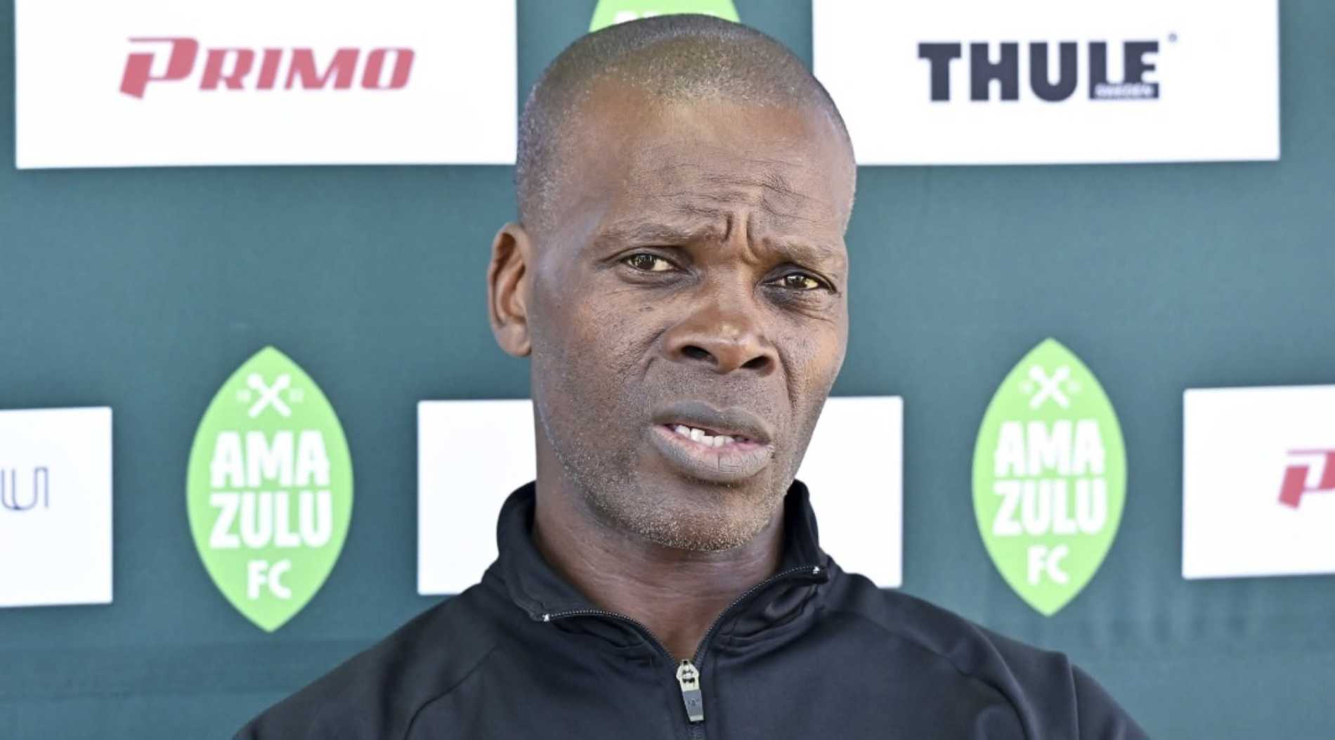 AmaZulu FC coach Arthur Zwane addressing the media before a training session.