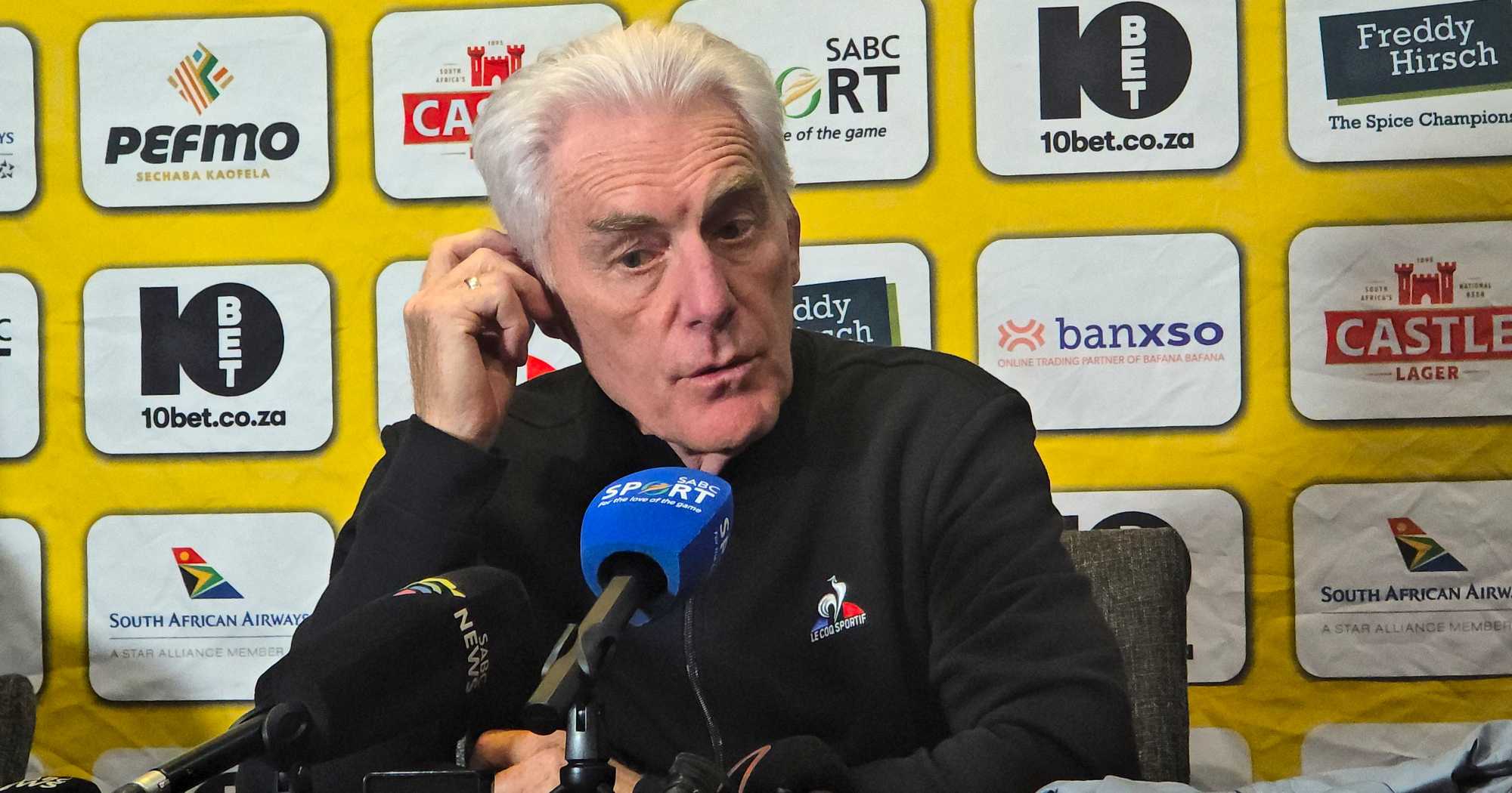 Bafana Bafana coach Hugo Broos addressing the media before a World Cup qualifier match