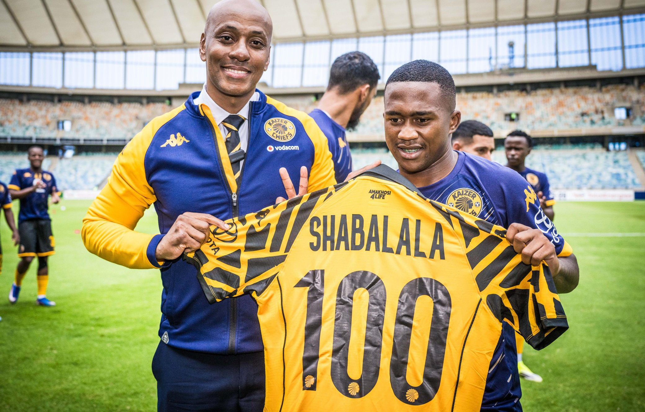 Kaizer Motaung Jr and Mduduzi Shabalala at the player's 100th game for the club
