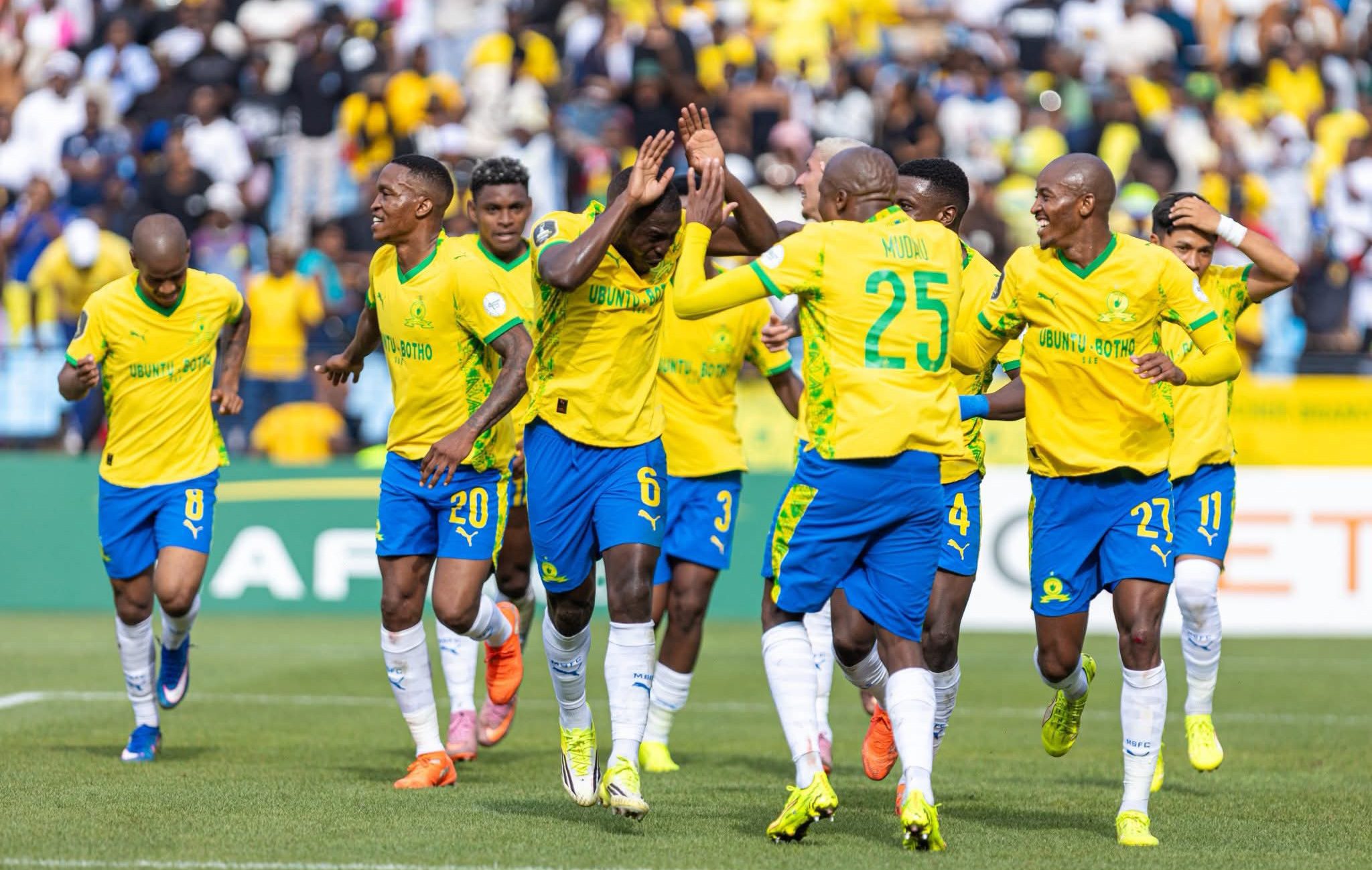 Mamelodi Sundowns players celebrate a goal against MC Alger in the CAF Champions League