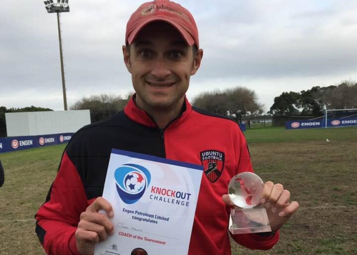 Ubuntu Football's Excecutive Director Casey Prince celebrates the 2019 Engen Coach of the Tournament award. Image: Casey Prince