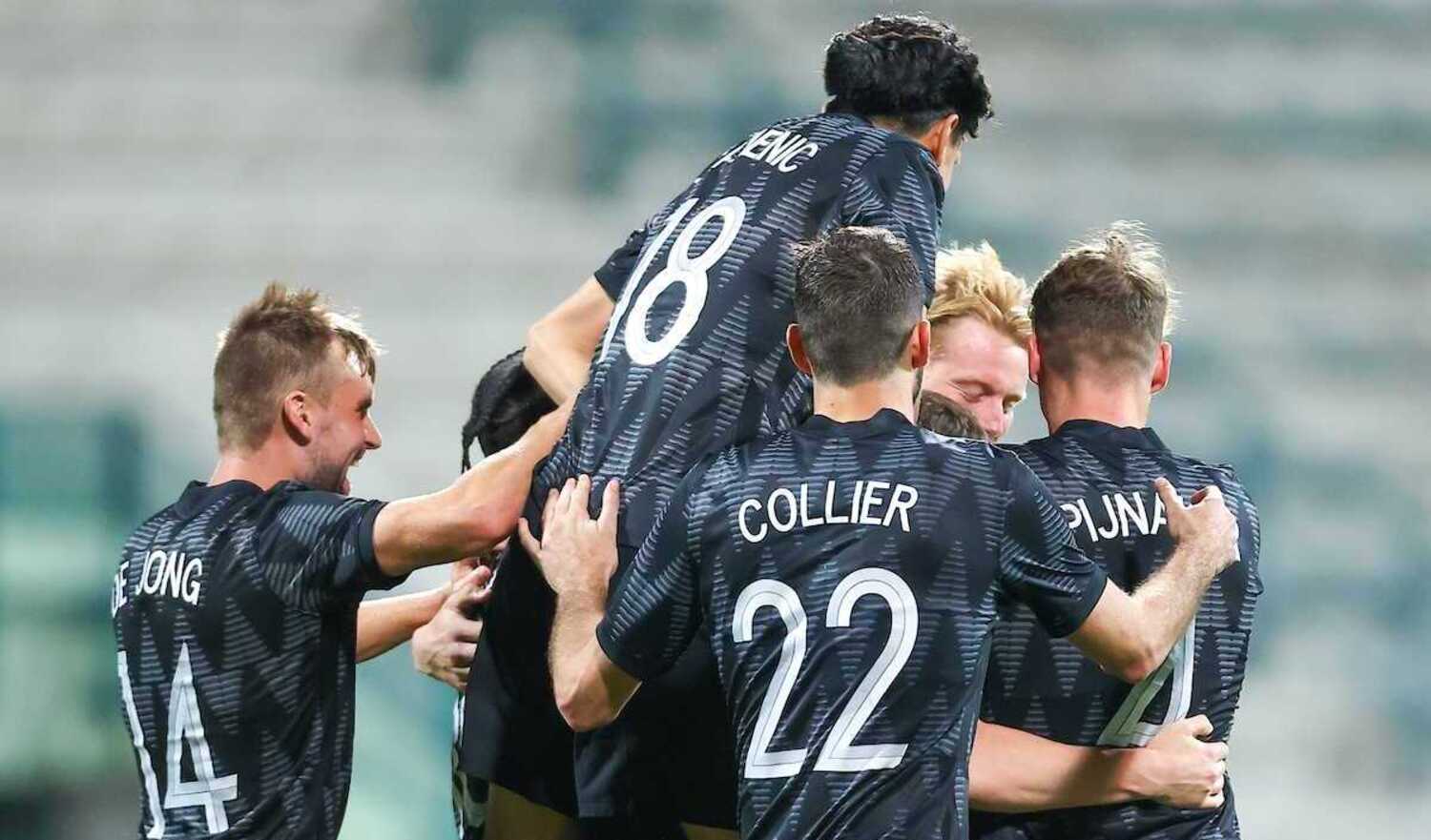 Orlando Pirates midfielder Andre de Jong celebrating with his New Zealand teammates