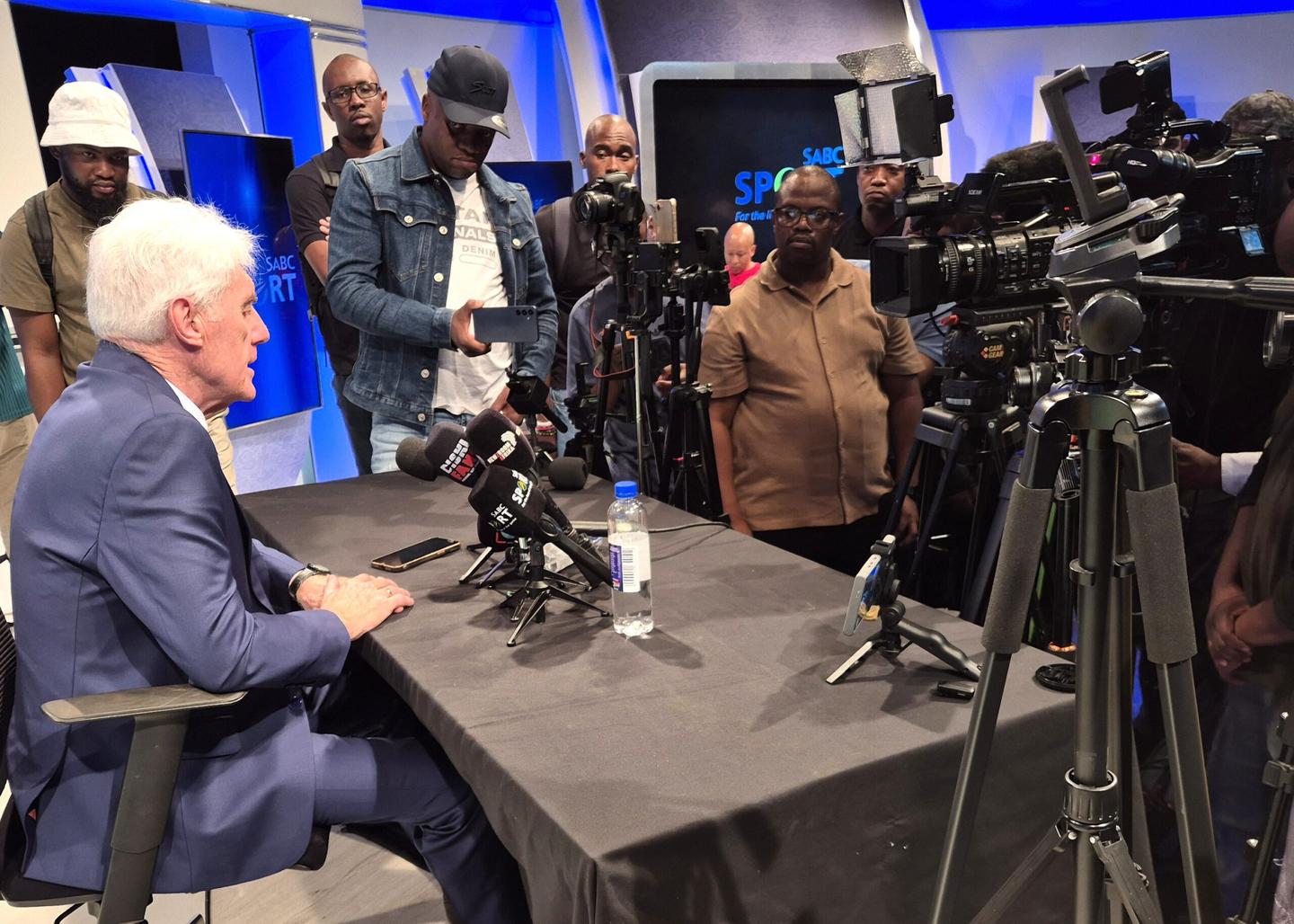 Bafana Bafana coach Hugo Broos addressing the media