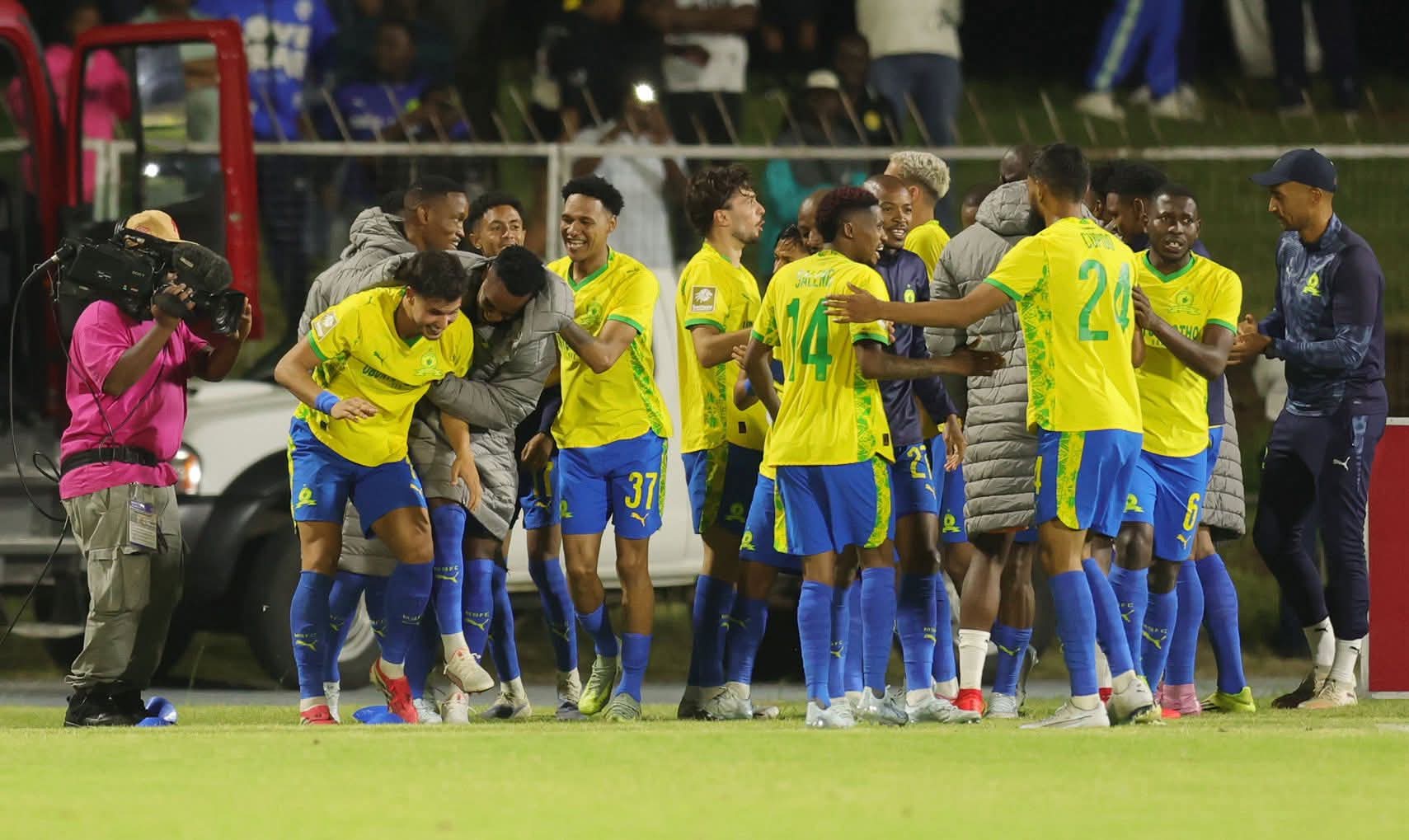Mamelodi Sundowns players celebrate a goal against Orbit College FC