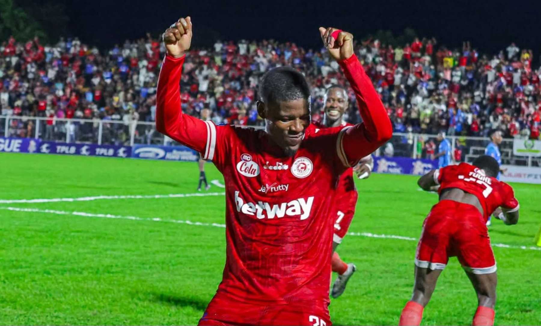 Neo Maema celebrating a goal for Simba SC against TRA United