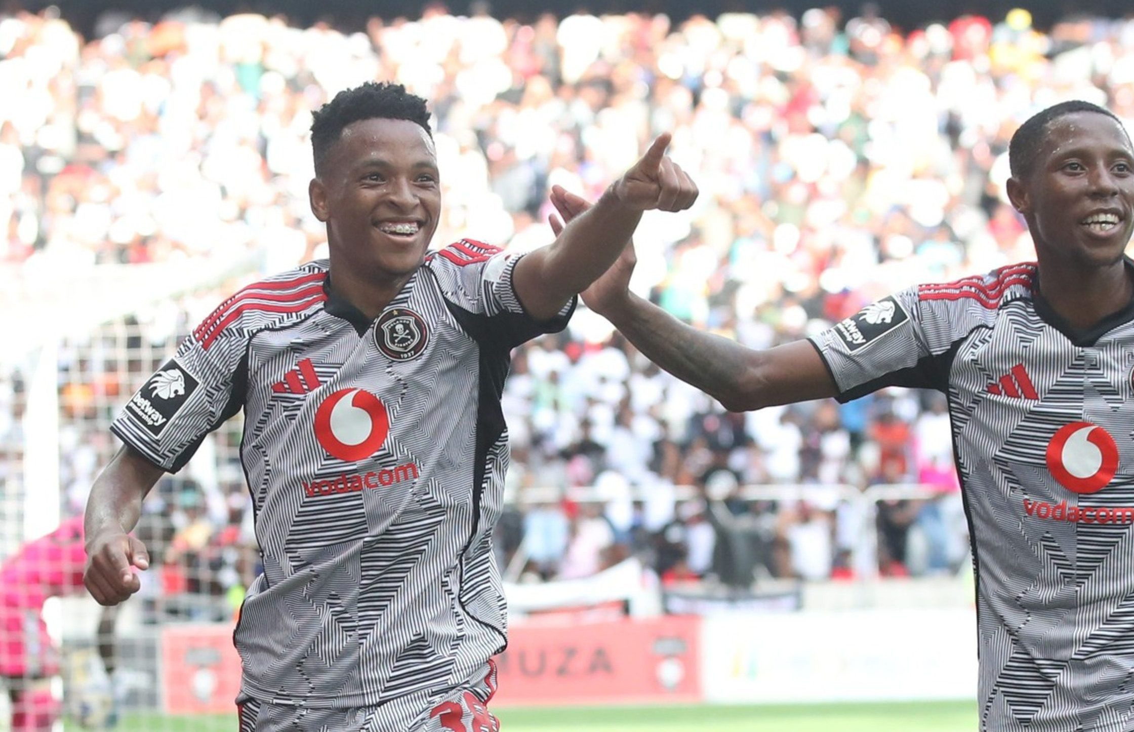 Relebohile Mofokeng of Orlando Pirates celebrates goal with teammates during the Betway Premiership 2025/26 match between Orlando Pirates and TS Galaxy at Mbombela Stadiumn in Nelspruit on 22 March 2026 ©Samuel ShivambuBackpagePix