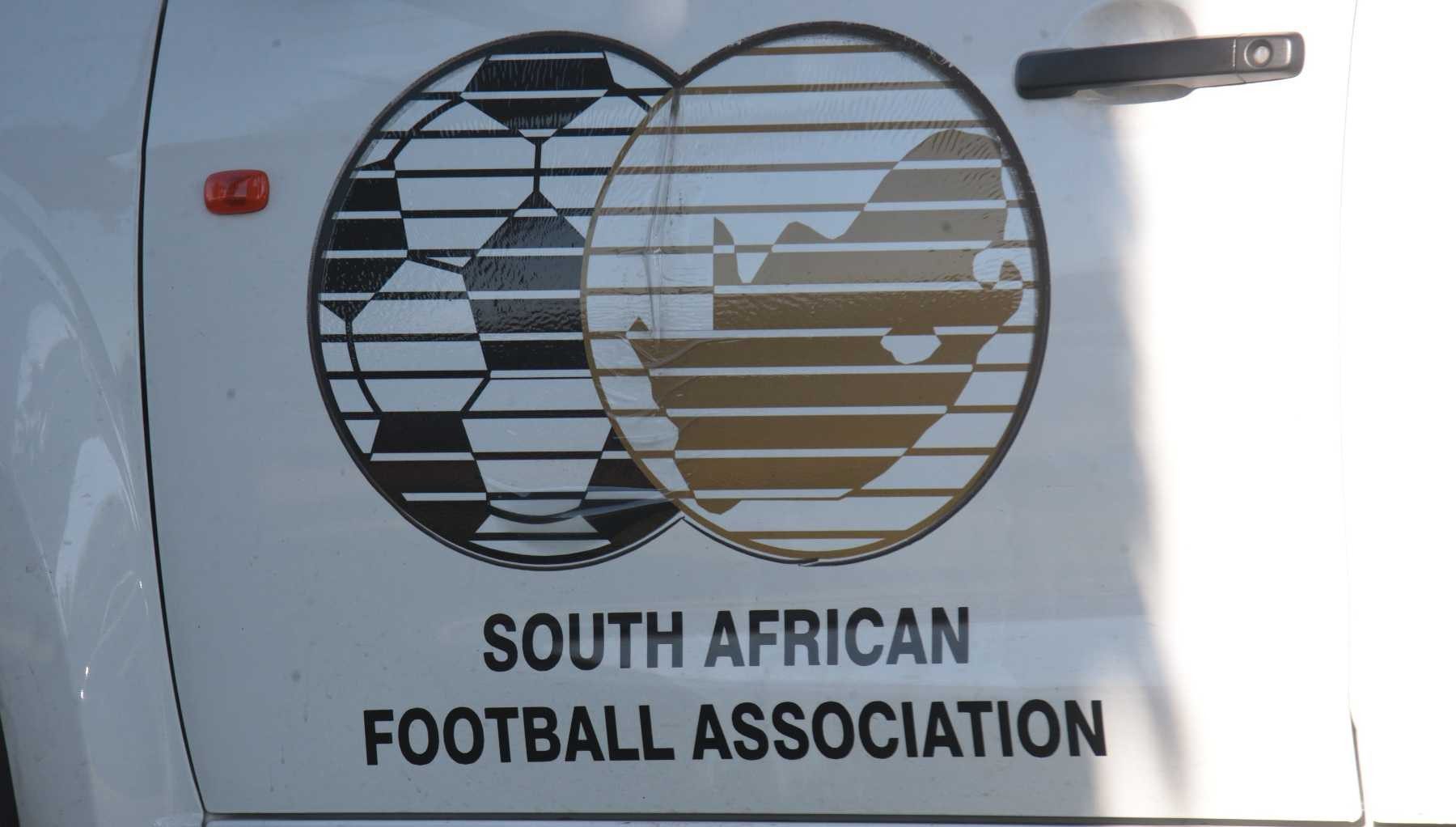 The SAFA logo displayed on a white door of a vehicle at the ABC Motsepe League playoffs.