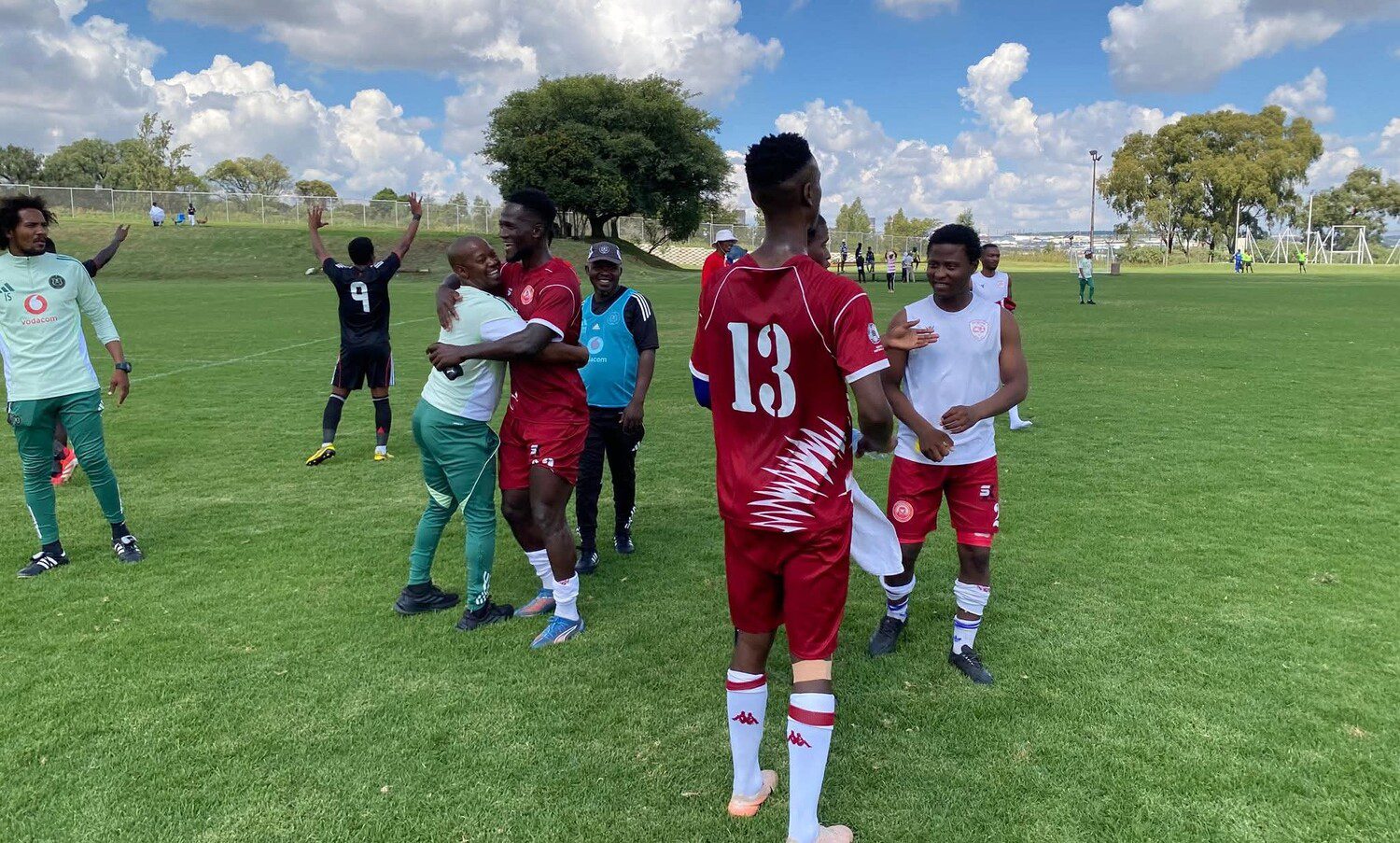 Siphelele Mthembu with Joseph Makhanya after Dinoko City FC vs Orlando Pirates match
