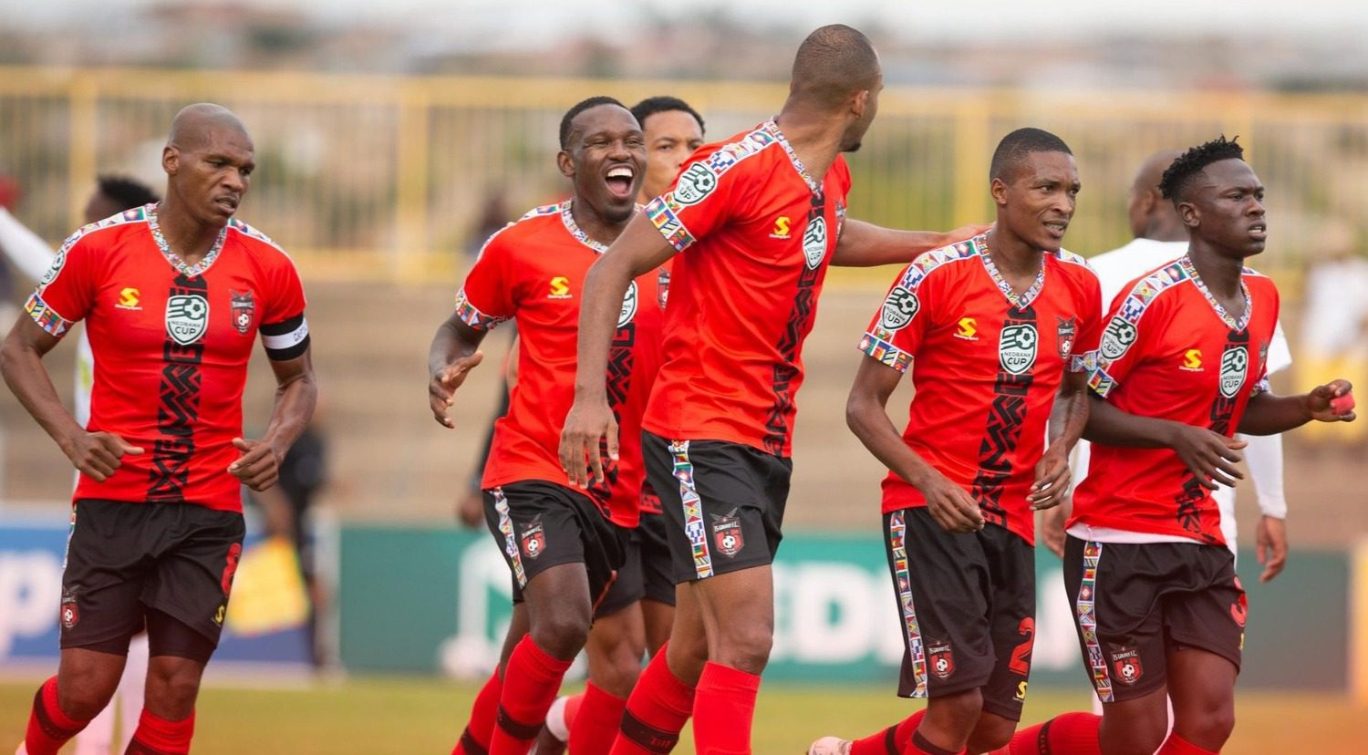 TS Galaxy players celebrating Tshepo Kakora's goal against Jacksa Spears