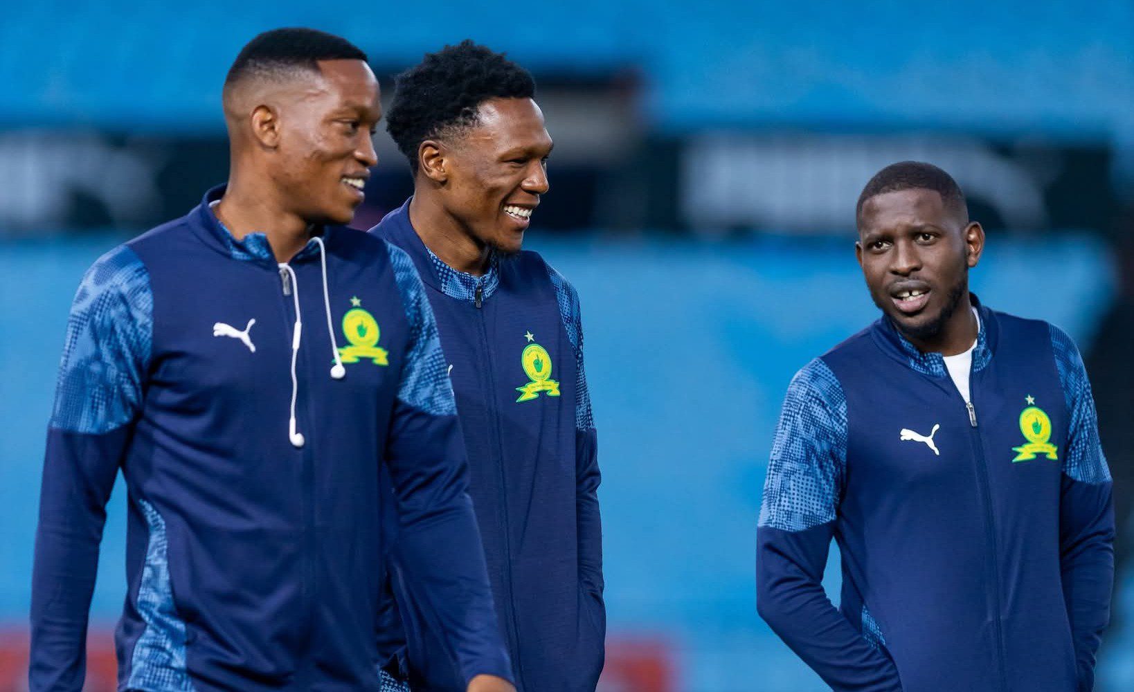 Aubrey Modiba with Grant Kekana and Lebo Mothiba during Mamelodi Sundowns pitch inspection