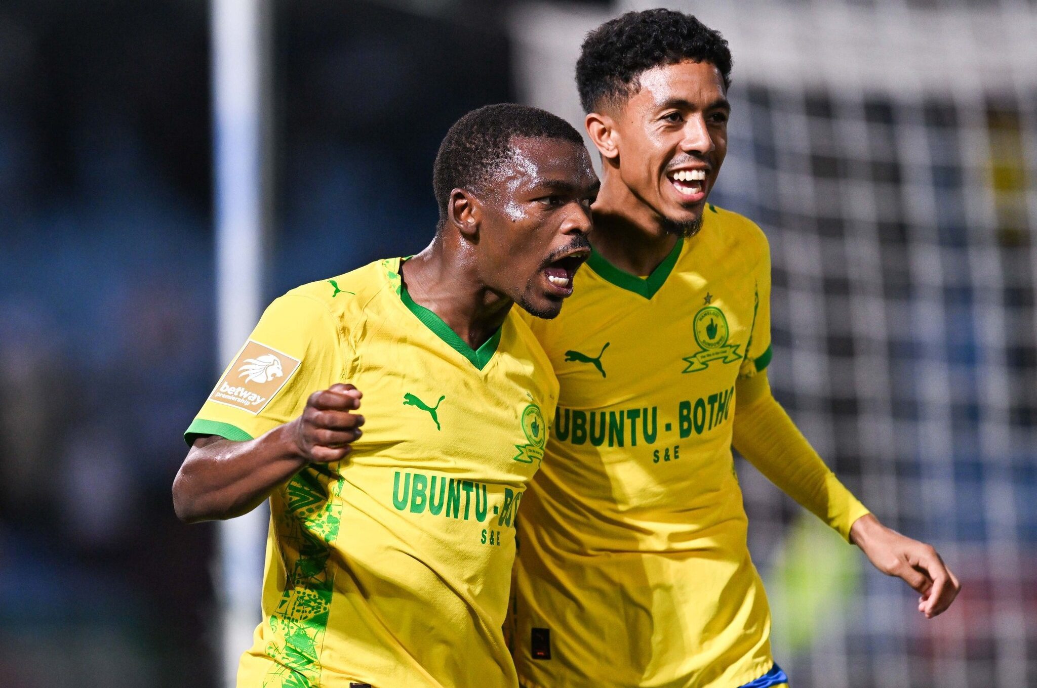 Katlego Ntsabeleng and Tashreeq Matthews of Mamelodi Sundowns celebrate a goal