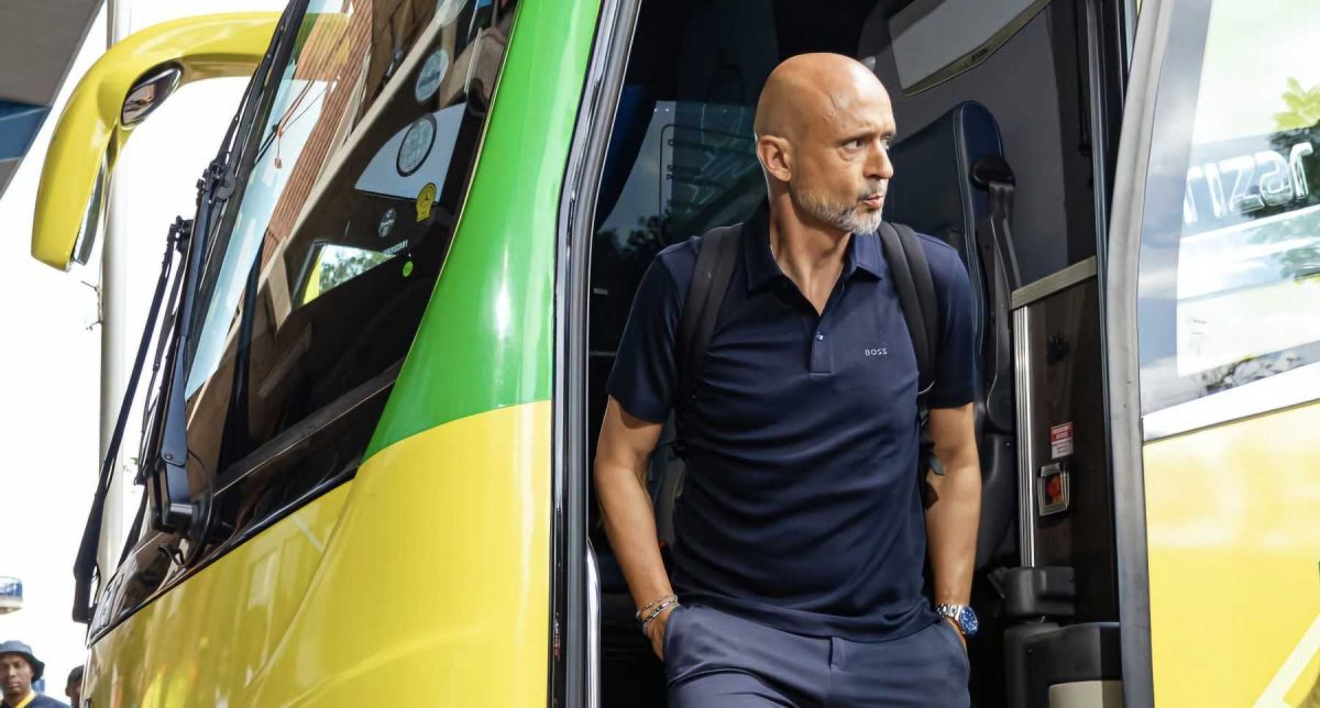 Mamelodi Sundowns head coach Miguel Cardoso walking out of the club's bus