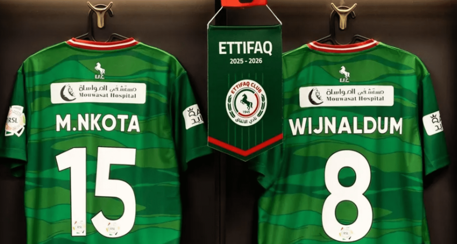Mohau Nkota and Georginio Wijnaldum Al Ettifaq hanged shirts