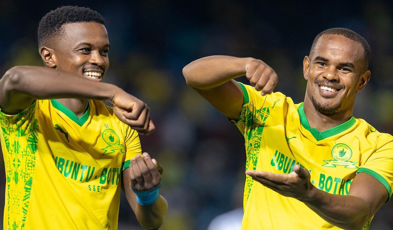 Teboho Mokoena and Iqraam Rayners celebrating a goal for Mamelodi Sundowns