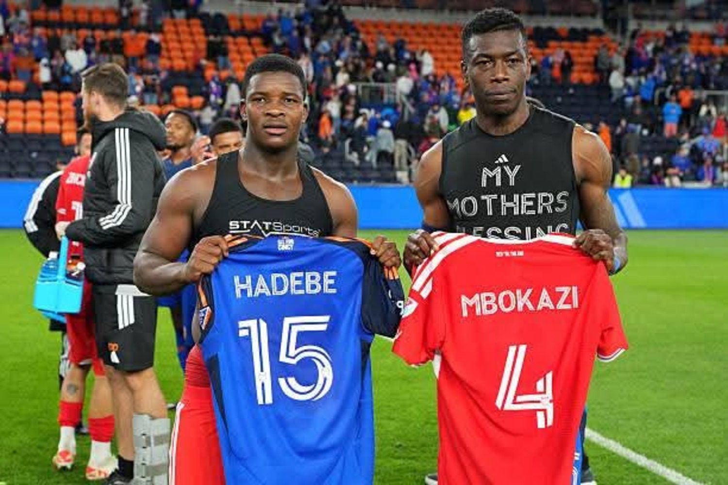 Teenage Hadebe and Mbekezeli Mbokazi after a MLS match