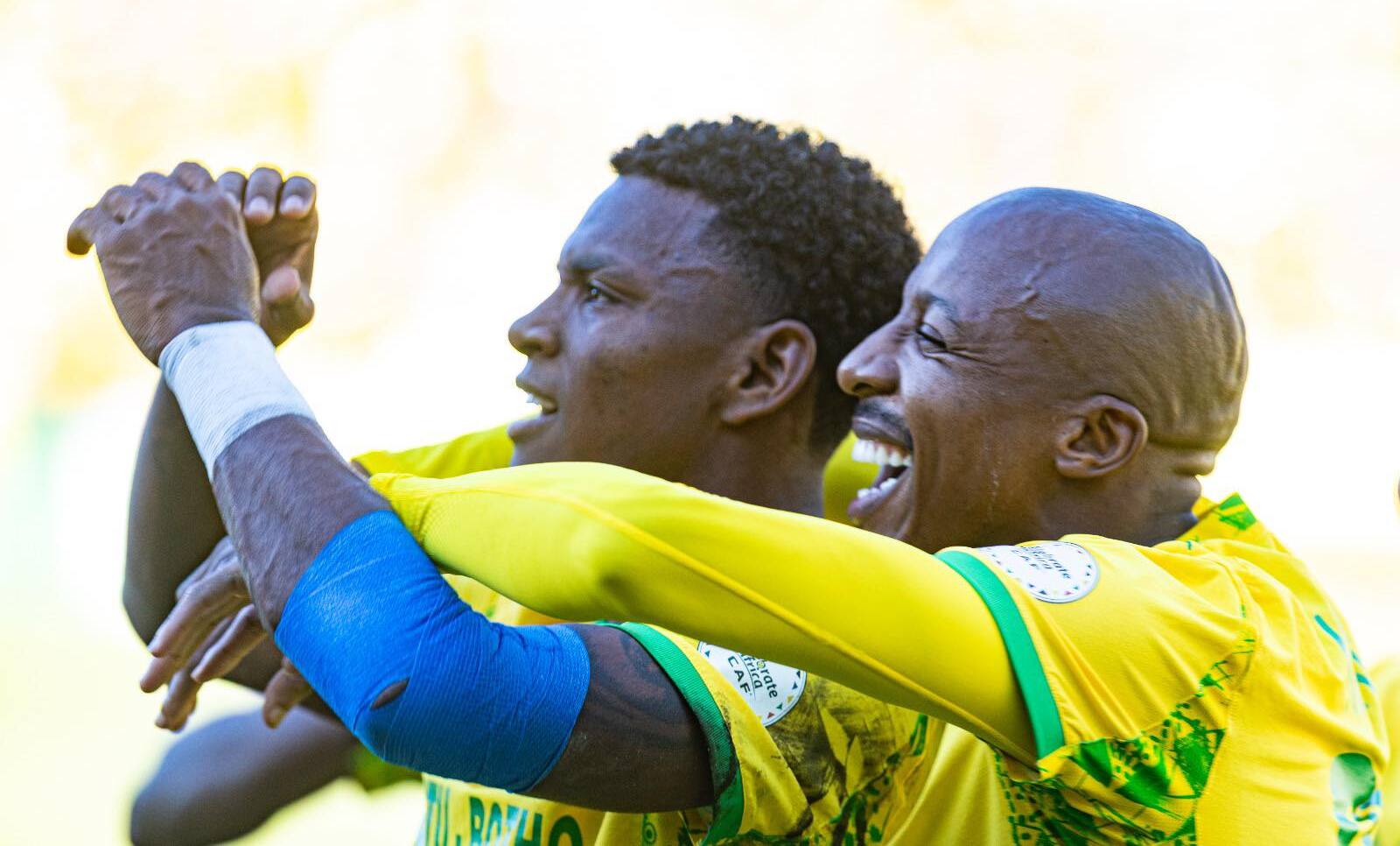 Brayan Leon celebrating his goal with Mamemdi Sundowns teammate Khuliso Mudau