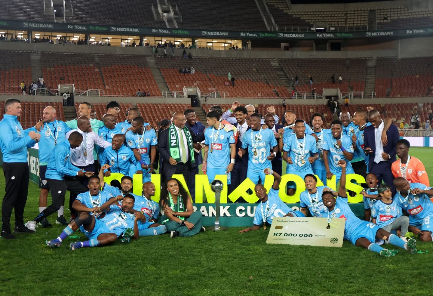 Terrence Mashego celebrating Nedbank Cup triumph with his Durban City FC teammates