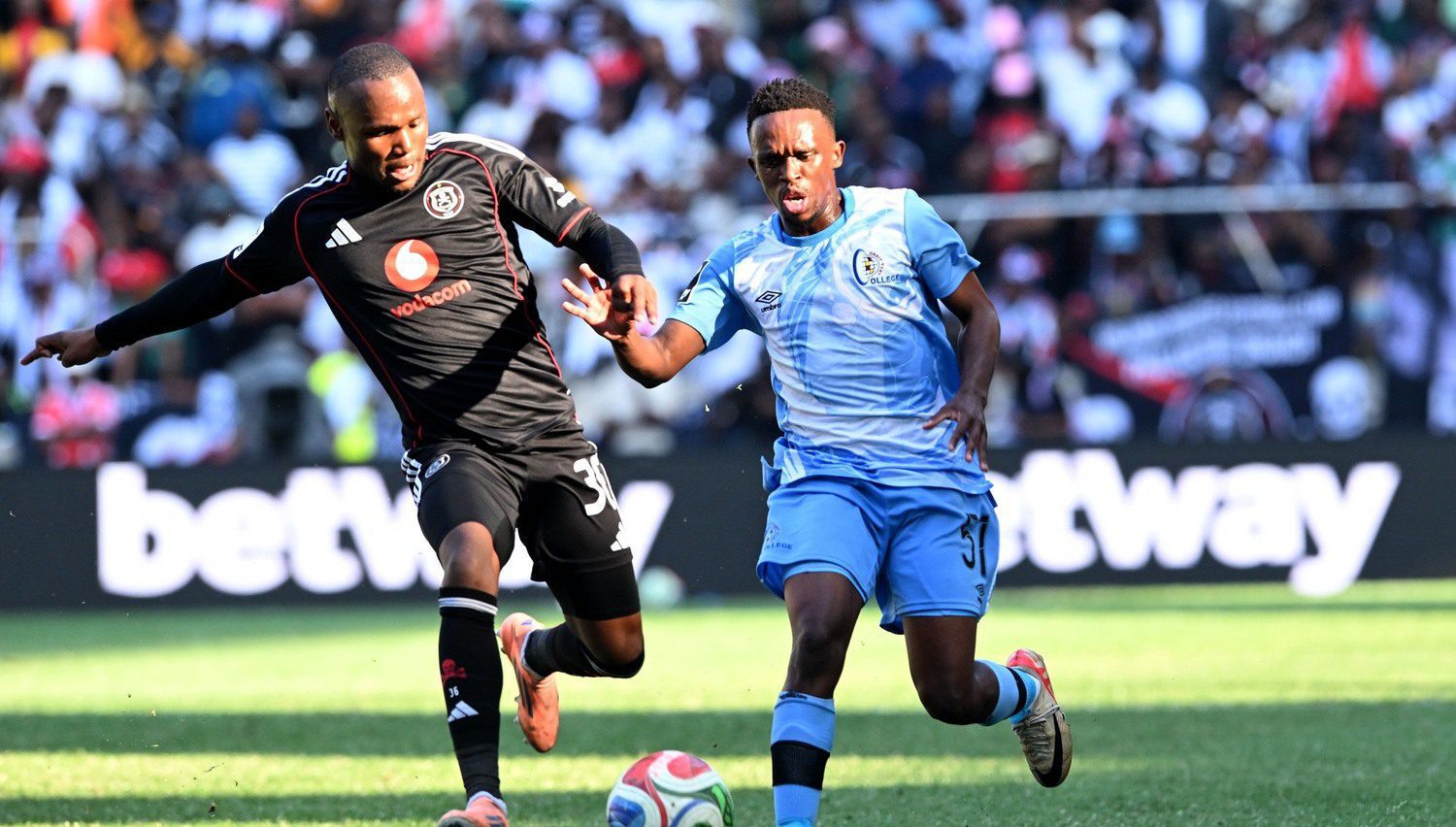Orlando Pirates utiliy star Kamogelo Sebelebele under the challenge of Orbit College FC's Kgotso Masangane